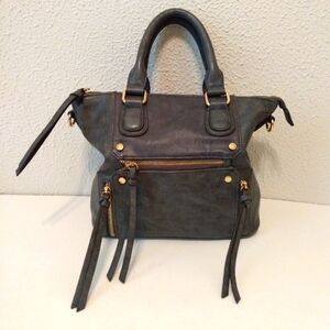 Gray Gold Zip Faux Leather Double Handle Shoulder Bag